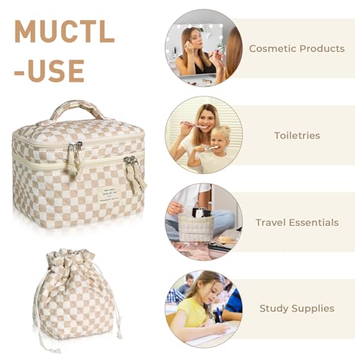 Gosect Makeup Bag, Quilted Cosmetic Bag Set, Drawstring Makeup Bag with Canvas Lining, Large Floral Toiletry Bag for Women Girls, Cute Cotton Flower Travel Organizer Bag (Brown Flower - color: Brown Flower