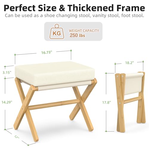 BAMBOOHOMIE Foldable Foot Stool Ottoman, Modern Foot Rest with Bamboo X Legs & Thick Foam Cushion, Folding Foot Stools Small Padded for Bedroom Living Room, Footstool for Chair Couch (Natural - Beige) - color: Natural - Beige
