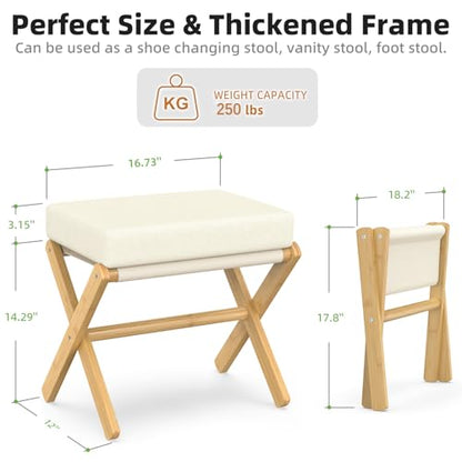 BAMBOOHOMIE Foldable Foot Stool Ottoman, Modern Foot Rest with Bamboo X Legs & Thick Foam Cushion, Folding Foot Stools Small Padded for Bedroom Living Room, Footstool for Chair Couch (Natural - Beige) - color: Natural - Beige