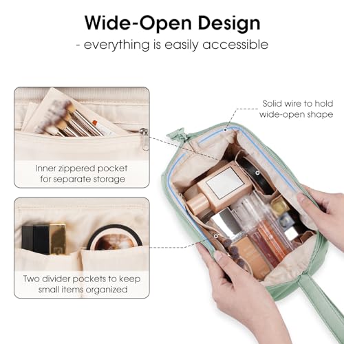Narwey Wide-open Makeup Bag Women Girls, Travel Toiletry Bag for Women Cosmetic Bag Organizer Make up Bag with Compartments Toiletries Medicine Bag (Mint Green) - color: Mint Green