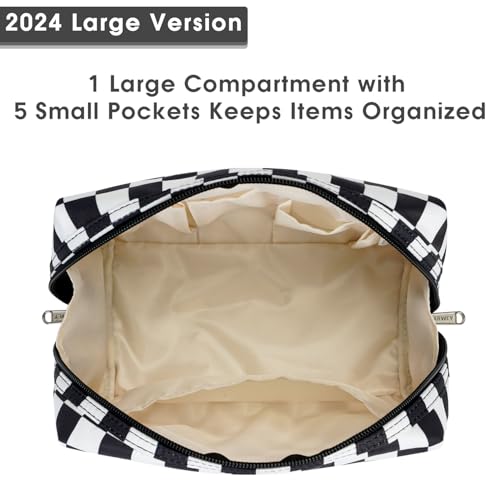 Narwey Checkered Makeup Bag Travel Cosmetic Bag Organizer Toiletry Bag Make Up Bags with Compartments for Women Girls (Large, Black Checkerboard) - color: YB-Black Checkerboard, style: Large