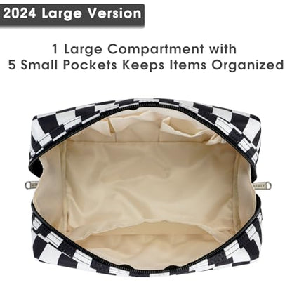 Narwey Checkered Makeup Bag Travel Cosmetic Bag Organizer Toiletry Bag Make Up Bags with Compartments for Women Girls (Large, Black Checkerboard) - color: YB-Black Checkerboard, style: Large