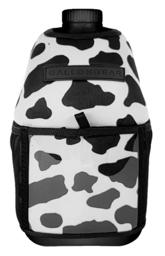 Half-Gallon Fitness Hydration Cover | Neoprene Insulated Cooling & Portable Gym Water Bottle Carrier | CASE with Storage Pockets - color: COW BLACK/WHITE