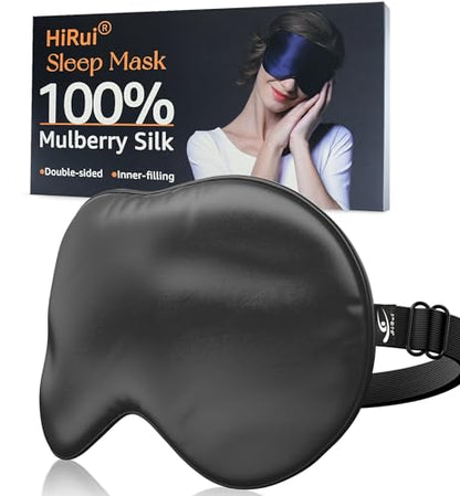 HiRui Silk Sleep Mask, 100% Natural Mulberry Silk of Double-Sided & Inner-Filling, Ultra-Smooth Soft, Adjustable Strap, Blocks Light for Night Sleeping, Travel, Office Naps (Black) - color: Black