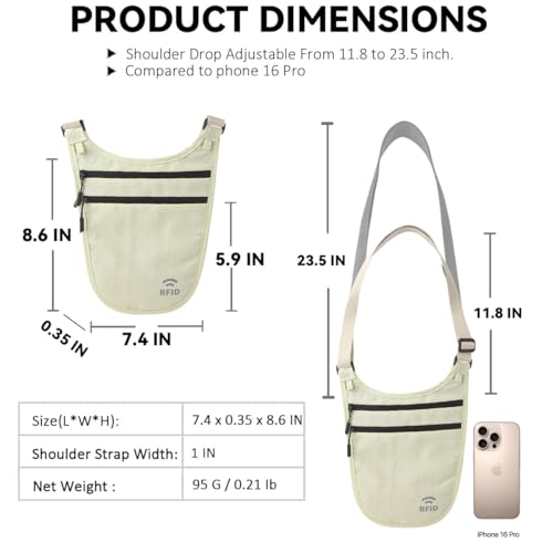 Crossbody Money Belt for Travel Women & Men Hidden, Travel Wallet Pouch - Slim Passport Holde, RFID Blocking Neck Wallet Under Clothes to Protect Cash, Credit Cards and Documents (KHAKI) - color: KHAKI