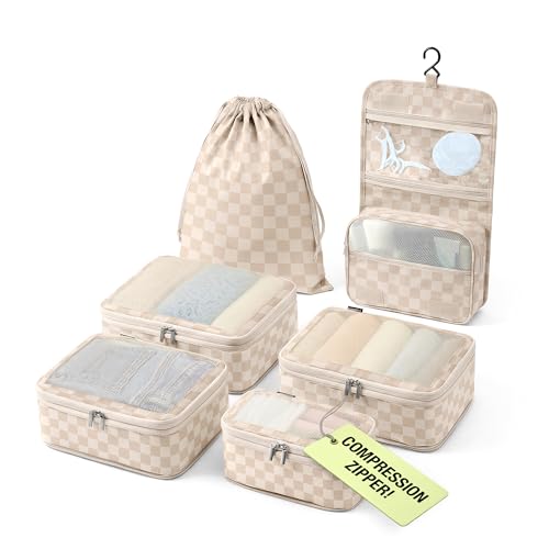 Vandel Space-Saving Compression Packing Cubes for Women with Hanging Toiletry Bag, Laundry Bag, Compressible Carry On Suit Case Organizer Luggage Packing Cubes for Travel Compression Organizer Bags - color: 2. Neutral Checker, size: Deluxe Set (4 Cubes +