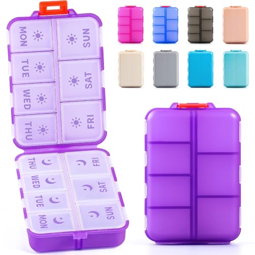 NEW Foldable & Double Protection Portable Weekly Pill Organizer 2 Times A Day with Etched Labels, AM PM 7 Day Week Medicine Box, Daily Travel Pill Case Dispenser for Vitamin, Supplement - Clear Purple - color: Clear Purple, size: AM & PM