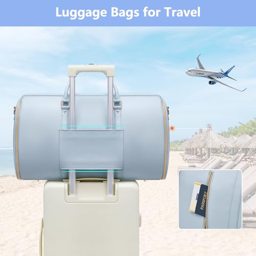 Travel Duffel Bag, Convertible Travel Garment Bag for Women, Fashion & Cute Carry On Duffle Bag w/Shoes Pouch, 2 in 1 Foldable PU Leather Hanging Duffle Bag, Single-Zipper Design, Blue - color: Light Blue