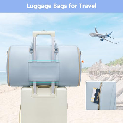 Travel Duffel Bag, Convertible Travel Garment Bag for Women, Fashion & Cute Carry On Duffle Bag w/Shoes Pouch, 2 in 1 Foldable PU Leather Hanging Duffle Bag, Single-Zipper Design, Blue - color: Light Blue