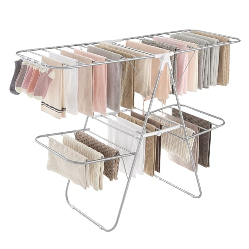 SONGMICS Clothes Drying Rack, Foldable 2-Level Laundry Drying Rack, Free-Standing Laundry Airer, with Height-Adjustable Wings, 33 Drying Rails, Sock Clips, Silver and White ULLR053W01V1 - color: Silver + White, size: 2 Tiers（22"d x 61.8"w x 64.3''h )