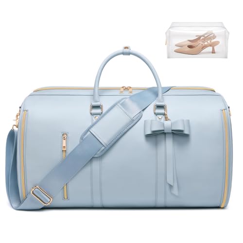 Travel Duffel Bag, Convertible Travel Garment Bag for Women, Fashion & Cute Carry On Duffle Bag w/Shoes Pouch, 2 in 1 Foldable PU Leather Hanging Duffle Bag, Single-Zipper Design, Blue - color: Light Blue