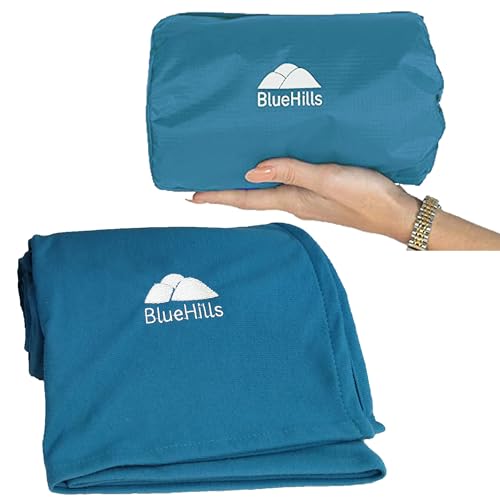 BlueHills Ultra Compact Travel Blanket in Portable Case Premium Soft Large Airplane Blanket Flight Essentials for Car Plane Train Hotel Layover Peacock Teal C004 - color: C004-teal