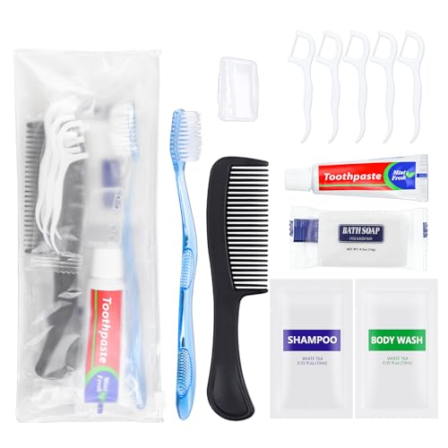 5 Sets Personal Hygiene Kit Basic Toiletry Kits Homeless Supplies Bulk for Travel,Charity,Business Include 5 Toothbrush, 5 Toothpaste, 5 Comb, 5 Bath Soap, 5 Shampoo,5 Body Wash, 25 Floss Picks - size: Pack of 5