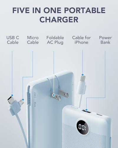 VRURC Portable Charger Built-in Cables and AC Wall Plug, USB C Power Bank 10000mAh, Travel Essentials Phone Charger Compact Lightweight External Battery Pack for Smart Phones, Tablets etc-Blue - color: Blue