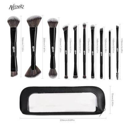 10 PCS Travel Makeup Brush Set With Bag, Makeup Brushes, Double-End Multi-functional Brushes for Foundation Powder Blush Eyeliner Eyeshadows, Professional Face Brush Set（Black） - color: 10Pcs-Black