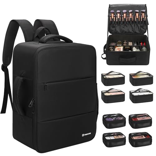 Relavel Makeup Backpack Extra Large Travel Train Case Professional Makeup Artist Kit Set Bag with 8 Clear Bags, Brush Storage Organizer Box with Dividers for Cosmetic Hair Tools Barber Supplies - color: Black with extra 4 clear bags