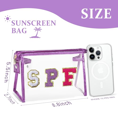 COSHAYSOO Sunscreen Bag Clear Makeup Toiletry Pouch Beach Vacation Essentials for Women Teen Girls Trip Gifts Summer Pool Travel Must Have Accessories Waterproof Stuff - color: Purple-SPF