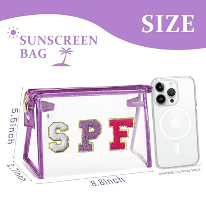 COSHAYSOO Sunscreen Bag Clear Makeup Toiletry Pouch Beach Vacation Essentials for Women Teen Girls Trip Gifts Summer Pool Travel Must Have Accessories Waterproof Stuff - color: Purple-SPF