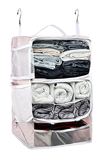 ELEZAY Hanging Packing Cubes Portable Closet 3-Shelf Travel Collapsible Compression Garment Organizer for Carry-on Luggage Suitcase Space Saver Bag XX-Large_No Side Pockets, Blush Pink - color: Blush Pink, size: XX-Large_16*12*24 IN