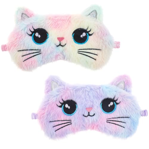 Sleep Mask for Kids, 2 Pcs Cute Cat Sleeping Eye Mask Colorful Soft Plush Girls Sleep Masks Comfortable Funny Animal Night Eye Masks for Sleeping for Women Girls Home Travel - color: Colorful, style: Cat