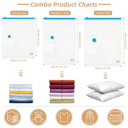 Travel Vacuum Bags with Rechargeable Pump,18 Pack Vacuum Storage Seal Bags for Clothing Suitcase Backpack, Space Saver Compression Clothes Storage Bag (18 Combo+ Electric Pump) - style: 18 Combo+ Electric Pump