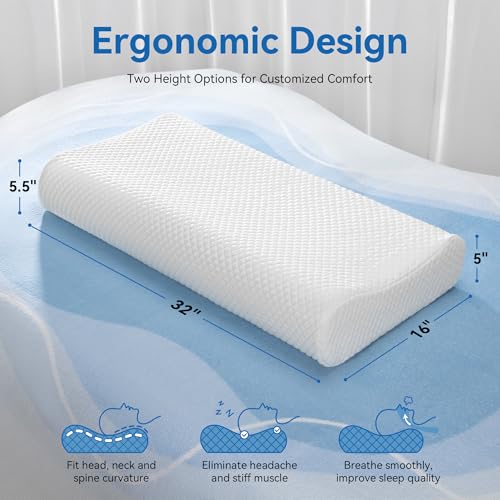 AM AEROMAX 32" King Size Contour Memory Foam Pillow, Cervical Pillow for Neck Pain Relief, Neck Orthopedic Sleeping Pillows for Side, Back and Stomach Sleepers - color: White, size: King Size