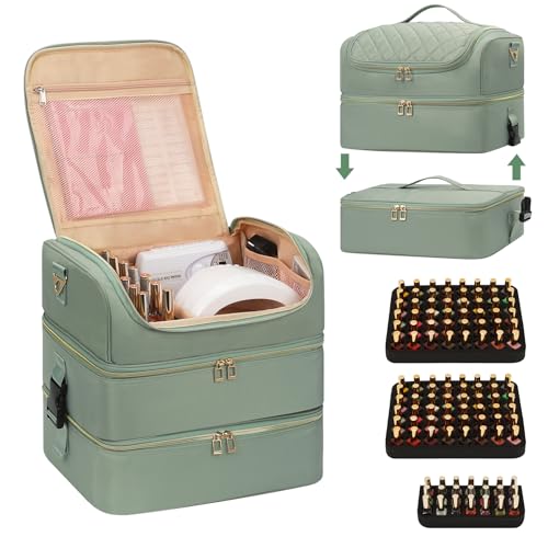 Extra Large Nail Polish Organizer Holds 117 Bottles - Three Layer Nail Organizers And Storage Bag, Portable Nail Supplies Organizer Case, Nail Tech Kit Travel Carrying Box with Shoulder Strap - color: Green, size: 117 Slots