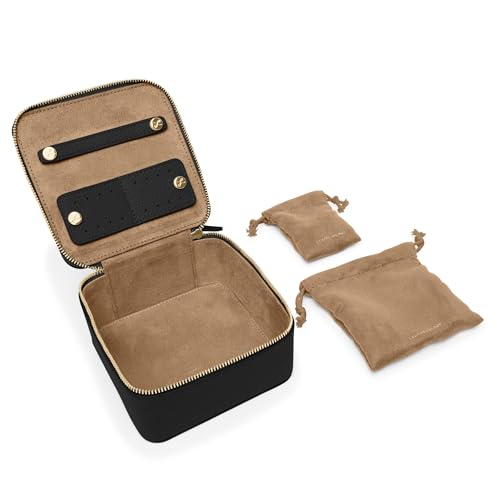 Leatherology Black Onyx Medium Jewelry Organizer – Full-Grain Leather Travel Case with Structured Design, Ring & Earring Storage, Zippered Suede Pouches - color: Black Onyx