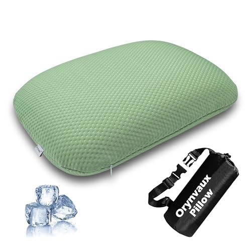Cooling Camping Pillow, Memory Foam Travel Pillow with Adjustable Buckle Strap & Storage Bag, Compact Small Pillow for Airplane, Car Lumbar, Office, Washable Cooling Cover, Canopy Green - color: Canopy Green, size: S-14.9*10.2*3.6in