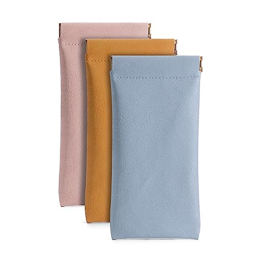 3 Pack Leather Eyeglasses Cases PU Soft Sunglasses Pouch Squeeze Top Portable Glasses Cases for Men Women - color: Pink Yellow Blue
