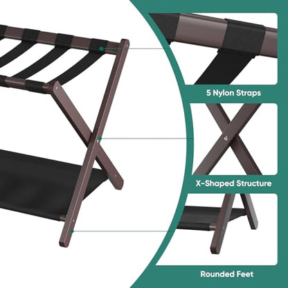 Smuxee Brown Bamboo Luggage Rack Pack of 2, Foldable Suitcase Stand with Storage Shelf, Easily Assembled Luggage Stand with 5 Nylon Straps for Guest Room Bedroom Hotel - color: Brown 2PCS