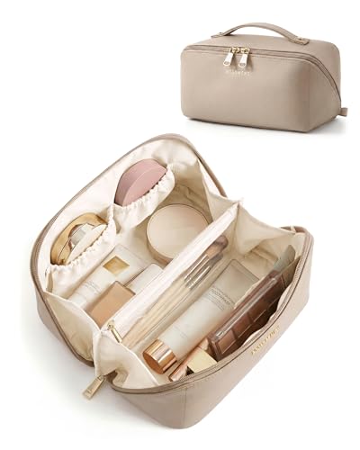 BAGSMART Makeup Bag Travel Cosmetic Bag, Large Make Up Bag Flat Open Toiletry Bag for Women, Waterproof PU Leather Travel Essentials Organizer Case, Wide-open Pouch Purse for Skincare, Brushes, Camel - color: 05- Camel