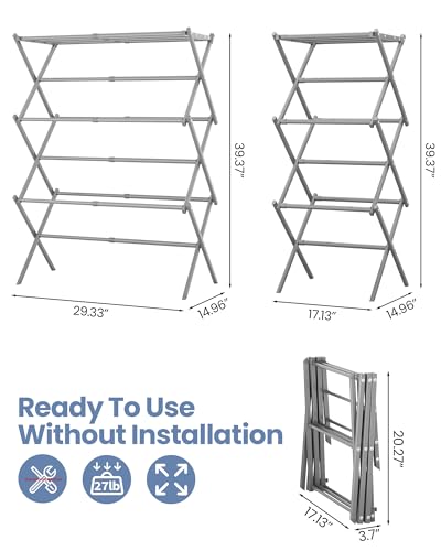 APEXCHASER Oversize Clothes Drying Rack, 3-Tier Drying Rack Clothing, Expandable Metal Laundry Drying Rack, Air Drying Rack, Clothes Rack, No Install, 24lb Capacity, 14.9" D x 29.3" W x 39.3" H, Grey - color: Gray