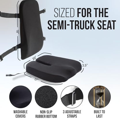 Elmara Doctor-Designed Semi-Truck Seat Cushion for Truck Driver – The Ultimate Comfort Solution for Long-Haul Drivers – Trucker Seat Cushion & Back Support – 2-Piece Ergonomic Set (Black)