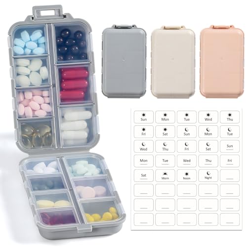 LANDNEOO 14 Grids Pill Organizer Box with Labels, Travel Medication Holder Dispenser Case Kit, Pocket Daily Pharmacy Container for Fish Oil Vitamin Supplement Storage, Khaki Pink Grey, 3 Pack - color: Khaki+pink+grey, size: with White Labels