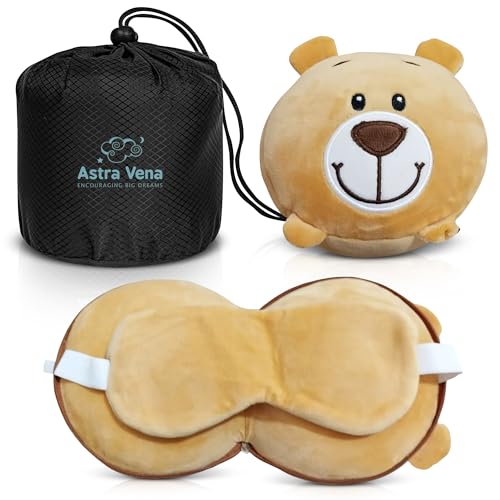 Child Travel Sleep Mask and Pillow Set - 2 in 1 Cute Character Design for Kids Rest, Naps and Relaxation. Soft Comfort with Bag Cover, Perfect for Flights, Car Trips 15cm - color: Brown