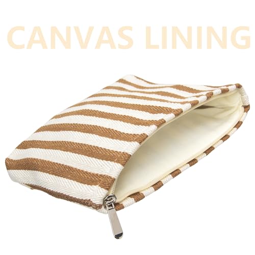 PAZIMIIK Makeup Bag Large Cotton Zipper Pouch for Purse Travel Canvas Make Up Organizer for Women Cosmetic,Stripe Coffee - color: Stripe Coffee