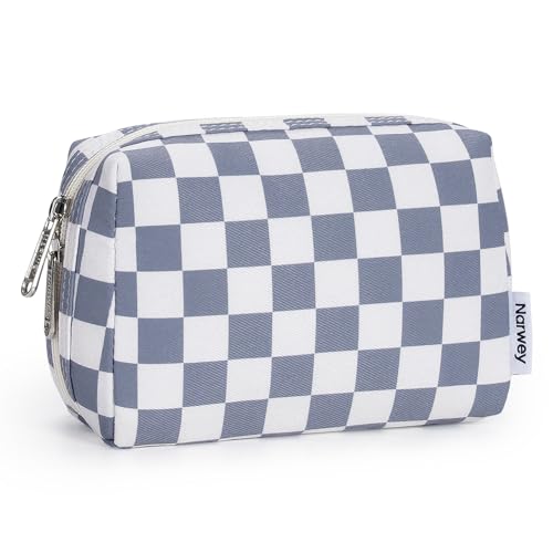 Narwey Small Checkered Makeup Bag for Purse Mini Cosmetic Bag Travel Makeup Pouch Zipper Pouch Cute Make up Bags with Compartments for Women Girls (Grayish Blue Checkerboard, Small) - color: YB-Grayish Blue Checkerboard, style: Small