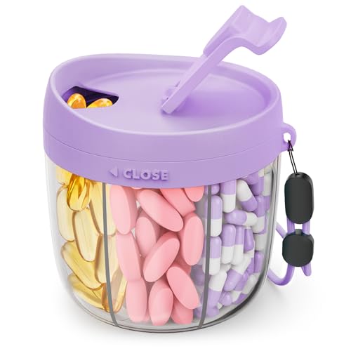AMOOS Cute Pill Dispenser with 7 Large Compartments, Portable Pill Bottle Organizer with Wide Opening for Easy Use, Anti-Mix Pill Organizer for Travel, BPA-Free Pill Container, Purple - color: Purple