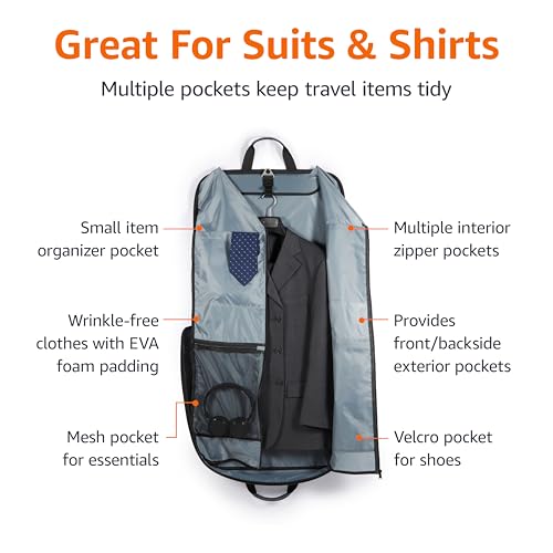Amazon Basics Carry-On Garment Bag for Travel and Business Trips with Detachable Shoulder Strap, Hanging Suit Luggage, Wrinkle Free Cover for Suits Dresses Coats, Foldable with Shoe Compartment, Navy - color: Navy