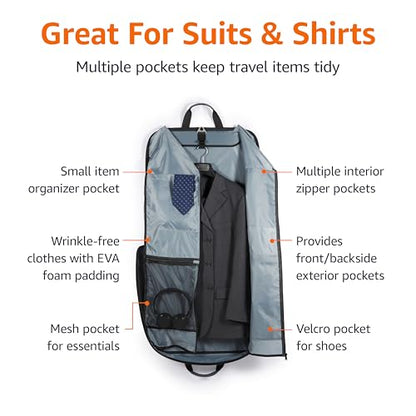 Amazon Basics Carry-On Garment Bag for Travel and Business Trips with Detachable Shoulder Strap, Hanging Suit Luggage, Wrinkle Free Cover for Suits Dresses Coats, Foldable with Shoe Compartment, Navy - color: Navy