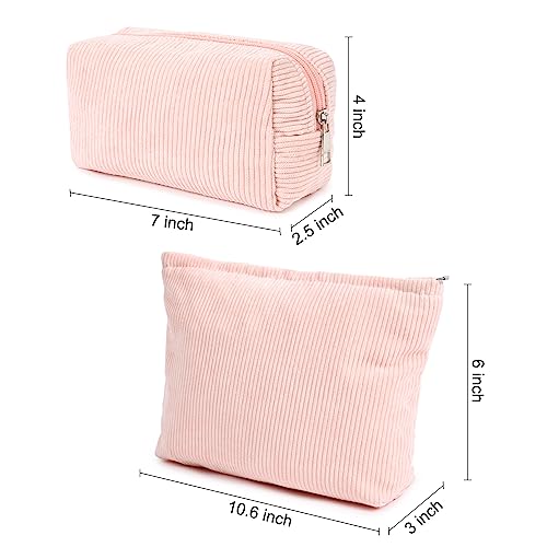 SOIDRAM 2 Pieces Makeup Bag Large Corduroy Cosmetic Bag Capacity Canvas Mix Travel Toiletry Bag Organizer Cute Makeup Brushes Aesthetic Accessories Storage Bag for Women, Corduroy Mix Pink - color: Corduroy Pink