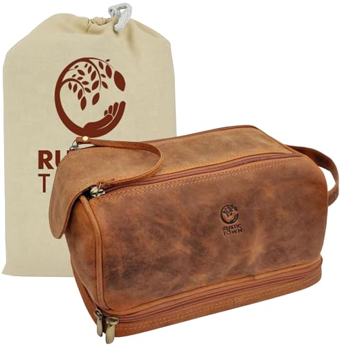 Leather Toiletry Bag for Men - Travel Shaving Dopp Kit - Bathroom Shower Toiletries Organizer - Cosmetic Make up Bag for Women