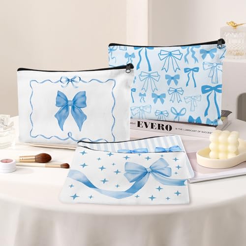 30pcs Blue Bow Makeup Bag Coquette Bow Cosmetic Bags for Women Preppy Pouch Travel Toiletry Bag Coquette Party Favors for Mother Bridesmaids Wedding Supplies - style: Blue Bow