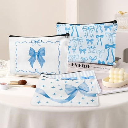 30pcs Blue Bow Makeup Bag Coquette Bow Cosmetic Bags for Women Preppy Pouch Travel Toiletry Bag Coquette Party Favors for Mother Bridesmaids Wedding Supplies - style: Blue Bow