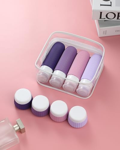 Mrsdry Travel Bottles for Toiletries - 8 Pack, TSA Approved 3oz Travel Containers, Leak Proof Silicone Squeezable Cream Jars with Clear Bag - color: Violet, size: Bottle 3oz Jars 1oz