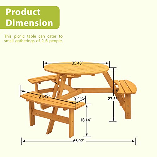 6 Person Circular Outdoor Wooden Picnic Table Sets for Patio Backyard Garden DIY w/3 Built-in Benches 1720lb Capacity, Natural - color: Natural-6-round