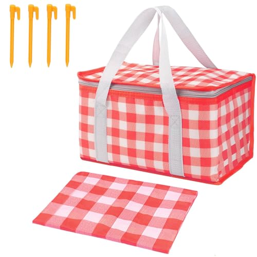 Insulated Picnic Bag with Leakproof Liner Foldable Reusable Cooler Basket Includes Disposable Picnic Mat Sturdy Handle Ideal for Outdoor Activities Travel Beach Camping (Red) - color: Red