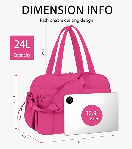 Lightweight Travel Duffle Bag for Women, Quilted Puffy Weekender with Wet Pocket for Gym, Overnight, Personal Item Carry On, Rose Red - color: Rose Red