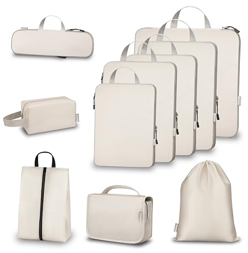 10 Set Compression Packing Cubes for Travel, Expandable Packing Organizer with Hanging Toiletry Bag, Shoe Bag & Accessories Bag, Ultralight Storage Travel Bags for Carry-on Luggage, Apricot - color: Apricot, size: Set of 10